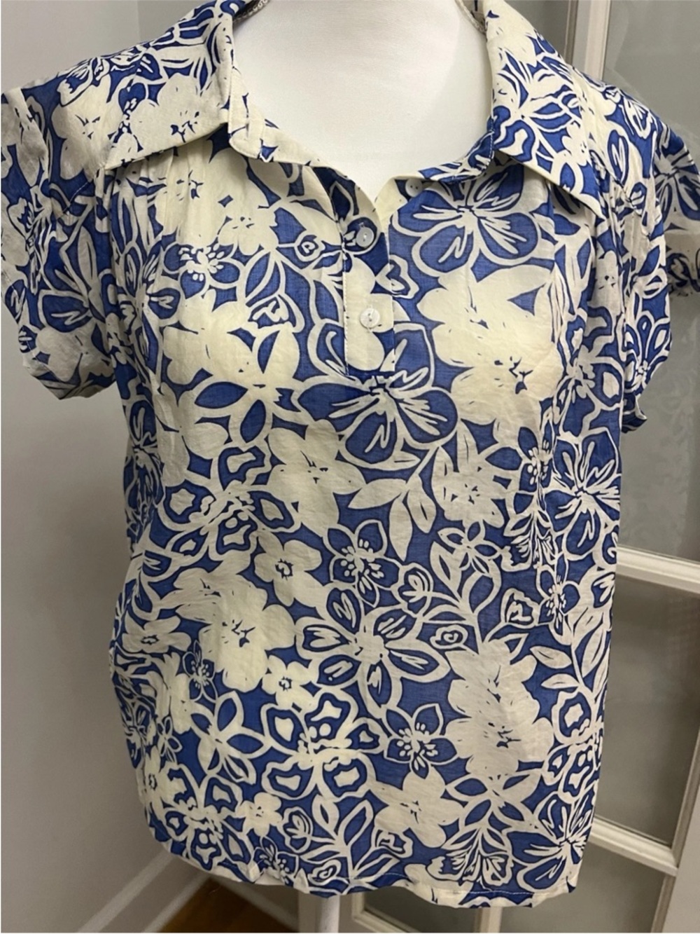 Blue & Cream Floral Short-Sleeve Polo Top